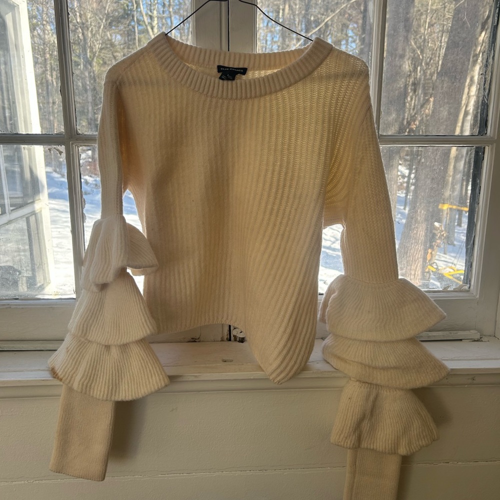 Club Monaco Cream Ruffle Sleeve Sweater